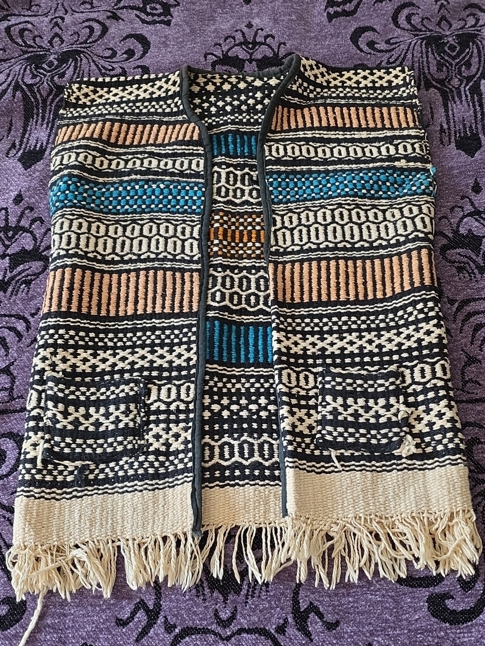 Vintage Multicolor Open-Front Patterned Vest in Black, Cream & Blue